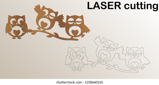 Cut laser owls on the branch for interior. Template laser cutting machine for wood and metal. The perfect for children room.