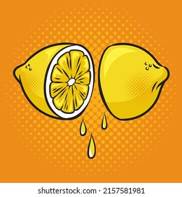 cut lemon with running juice pop art retro vector illustration. Comic book style imitation.