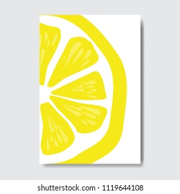 cut lemon template card, slice fresh fruit poster on white background, magazine cover vertical layout brochure poster, flat design, healthy lifestyle or diet concept, vector illustration