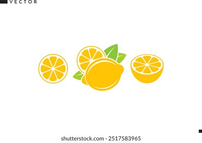 Cut lemon vector. Citrus fruit. Isolated lemon with leaves on white background