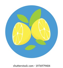 Cut lemons with green leaves on blue background. Lively juicy citrus fruit illustration flat style. Use for icon, logo, website, menu. Eps10.