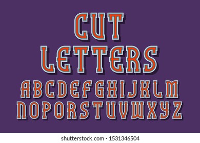 Cut letters alphabet with volumetric edging and shadow. 3d urban font.