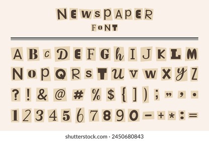 Cut letters from old yellowed magazines. Anonymous newspaper font for collage. Vintage clipping alphabet for poster, banner, greeting card, social media, web design