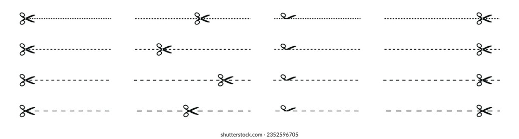 Cut line icon with scissor, cut here guidance, scissors and dash. Coupon mark and symbol for cropping, signifying voucher. Flat vector illustrations isolated in background. svg