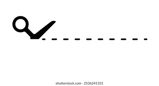 Ícone de linha de corte com tesoura, corte aqui a orientação, tesoura e traço. Marca e símbolo de cupom para corte, significando comprovante. Ilustração vetorial.