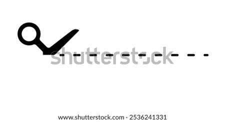 Cut line icon with scissor, cut here guidance, scissor and dash. Coupon mark and symbol for cropping, signifying voucher. Vector illustration.