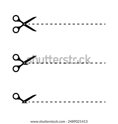 Cut line icon set. Cut here symbol with dashed line and scissors variations. Paper incision site vector illustration. Separation sign. Dividing pictogram. Tailor scissors concept isolated.