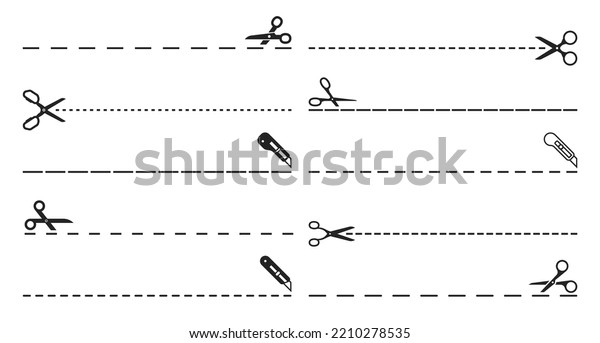 Cut line icons of scissors, coupon and paper trim\
vector dash dotted symbols. Cutting line or snip cutout signs for\
page separation, black and white, scissors and knife cutoff section\
in dot marks