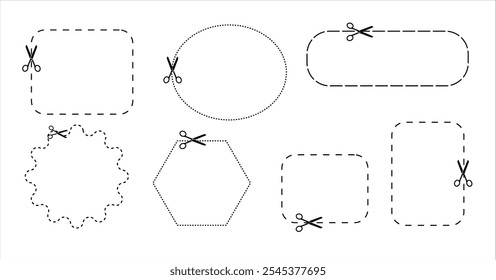 cut line. Vector illustration. Paper cut icon with dotted line. Vector scissors with cut lines. Vector set of cutting scissors.