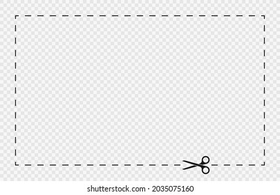 Cut lines and dashed lines, scissors icon. Cut line guide for coupon, tag and discount voucher. Black scissors with dotted line, paper cut guide. Vector