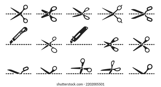 Schnittlinien, Scheren, Schneider- oder Utilitmesser-Schneidelinien, zerrissene Vektorsymbole. Trennstriche für Kupon-, Briefumschlag- oder Papiertrennung, Abschneiden von Dash-Linien-Symbolen für Schere und Messer