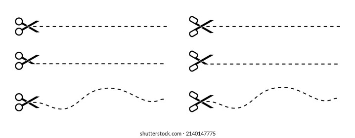 Cut lines with scissors for paper and coupon. Dashed and dotted lines for trimming on white. Vector. Symbols and signs of snip on border for tailor.