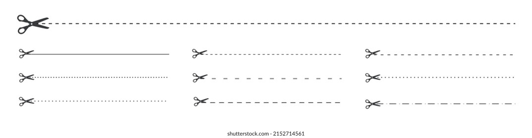 Cut lines set. Collection of interface elements, special dotted lines and contours for easy paper cutting. Scissors, trim line. Cartoon flat vector illustrations isolated on white background