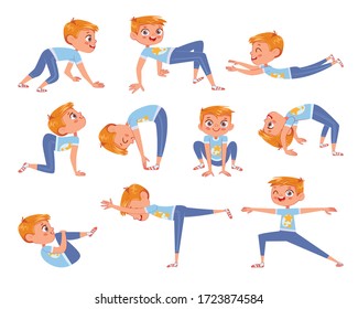 Cut little boy doing physical exercises. Funny cartoon character. Vector illustration. Isolated on white background