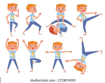 Cut little boy doing physical exercises. Funny cartoon character. Vector illustration. Isolated on white background