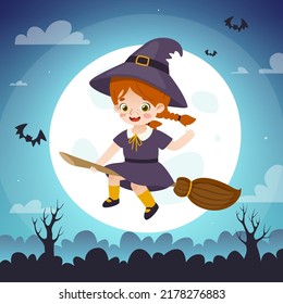 Cut little witch flying at the broomstick on the night sky. Halloween witch girl in front of the moon.