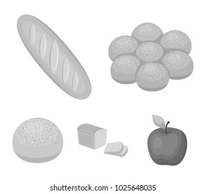 Cut loaf, bread roll with powder, half of bread, baking.Bread set collection icons in monochrome style vector symbol stock illustration web.