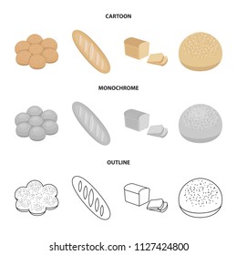 Cut loaf, bread roll with powder, half of bread, baking.Bread set collection icons in cartoon,outline,monochrome style vector symbol stock illustration web.