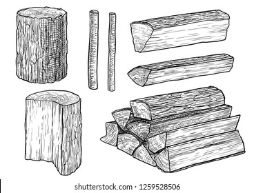 Cut logs, fire wood, chopped wood illustration, drawing, engraving, ink, line art, vector