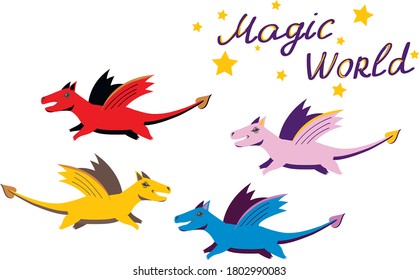caracteres de corte mágico dragones en el vector de cielo estario aislado en fondo blanco. Concepto de papel pintado, ropa, textiles, pegatinas 