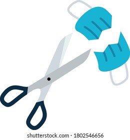 Cut mask before disposing concept, Victory Over Coronavirus Vector Color Icon Design, Scissors cutting a surgical face mask against coronavirus disease on white background. 