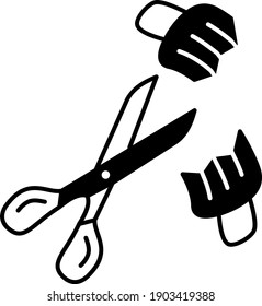Cut mask before disposing concept, Victory Over Coronavirus Vector Glyph Icon Design, Scissors cutting a surgical face mask against coronavirus disease on white background.