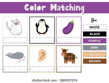Cut and match the colors. Educational game for kids. Sorting activity puzzle for toddlers. Busy book page. Vector illustration