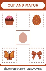Cortar y emparejar partes de huevo de Pascua, juego para niños. Ilustración del vector, hoja de cálculo imprimible