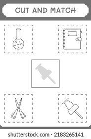 Cortar y emparejar partes del pin Push, juego para niños. Ilustración del vector, hoja de cálculo imprimible