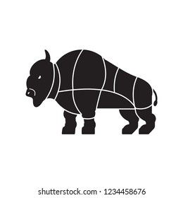 Cut of meat buffalo. Bison silhouette scheme lines of different parts meat. How to cut flesh bull. Poster Butchers diagram for meat stores. Barbecue and steaks, delicacy dishes.
