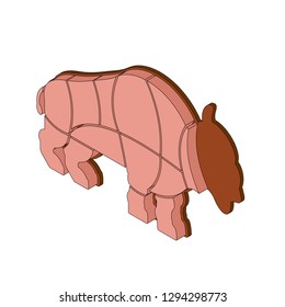 Cut of meat buffalo isometric. Bison silhouette scheme lines of different parts meat. How to cut flesh bull. Poster Butchers diagram for meat stores. Barbecue and steaks, delicacy dishes