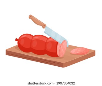 Cut meat delicatessen product salami with chef knife isometric vector illustration. Cartoon 3d slicing process, making sandwich with smoked salami slices with fat on wooden board isolated on white