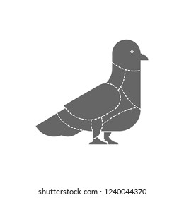 Cut of meat Dove. Pigeon silhouette scheme lines of different parts meat. How to cut flesh Street bird. Poster Butchers diagram for meat stores. Barbecue and steaks, delicacy dishes.
