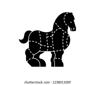 Cut of meat Horse. Racehorse silhouette scheme lines of different parts meat. How to cut flesh equine. Poster Butchers diagram for meat stores. Barbecue and steaks, delicacy dishes.
