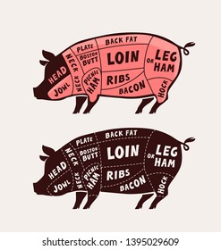 Cut of meat, pork. Poster butcher diagram and scheme. Pig vector illustration