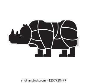 Cut of meat Rhinoceros. Rhino silhouette scheme lines of different parts meat. How to cut flesh wild beast. Poster Butchers diagram for meat stores. Barbecue and steaks, delicacy dishes.
