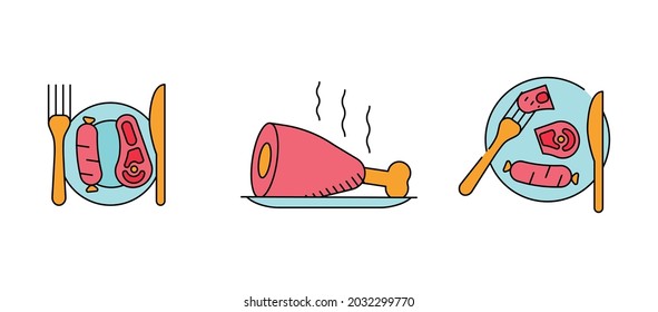 Cut meat and sausage icon on serving plate. Steak icon set. Barbecue grill. To collect. These icons contain hot food icons. It is a set of beautiful colorful drawings.