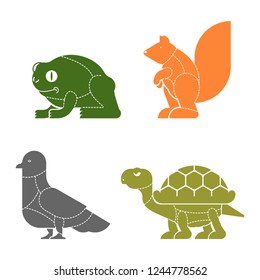 Cut of meat set animal. Turtle and frog silhouette scheme lines of different parts meat. How to cut flesh Dove and squirrel. Poster Butchers diagram for meat stores. Barbecue and steaks, delicacy 