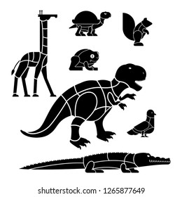 Cut of meat set beast Giraffe and squirrel. Dinosaur and pigeon. silhouette scheme lines of different parts meat. How to cut flesh Crocodile and turtle, frog. Poster Butchers diagram for meat stores 