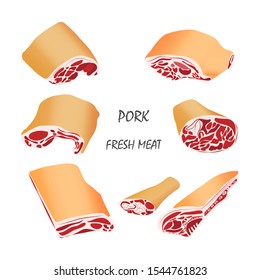 Cut of meat set. Collection of stylized raw meat, Pig, pork Meat ham cuts, partsSliced assortment of fresh meat. Isolated objects on a white background.Vector cartoon illustration.