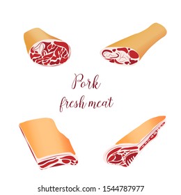 Cut of meat set. Collection of stylized raw meat, Pig, pork Meat ham cuts, partsSliced assortment of fresh meat. Isolated objects on a white background.Vector cartoon illustration.