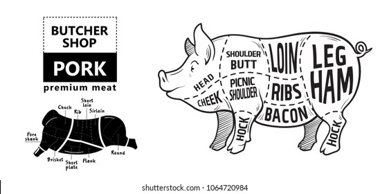 Cut of meat set. Poster Butcher diagram, scheme and guide - Pork. Vintage typographic hand-drawn on a black chalkboard background. Vector illustration