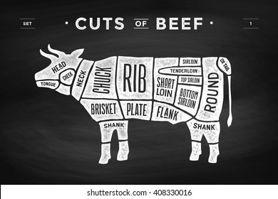 Cut of meat set. Poster Butcher diagram and scheme - Cow. Vintage typographic hand-drawn on a black chalkboard background. Vector illustration