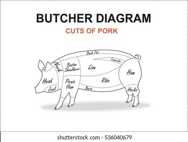 Cut of meat set. Poster Butcher diagram, scheme and guide - Pork. Vector illustration