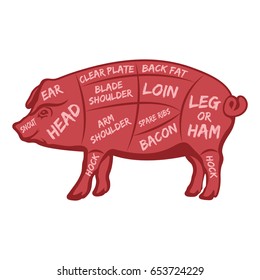 Cut of meat set. Poster Butcher diagram, scheme and guide - Pork.