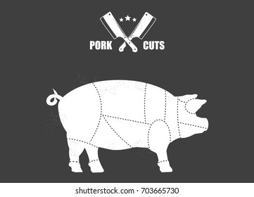 Cut of meat set. Poster Butcher diagram, scheme and guide - Pork. 