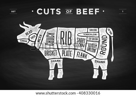 Cut of meat set. Poster Butcher diagram and scheme - Cow. Vintage typographic hand-drawn on a black chalkboard background. Vector illustration