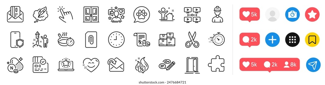 Cut, Medical prescription and Receive mail line icons pack. Social media icons. Hot offer, Smile chat, Card web icon. Best laptop, Attachment, Frying pan pictogram. Vector