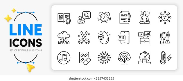 Cut, No music and Time management line icons set for app include Water drop, 5g technology, Capsule pill outline thin icon. Business portfolio, Web3, Emergency call pictogram icon. Timer. Vector