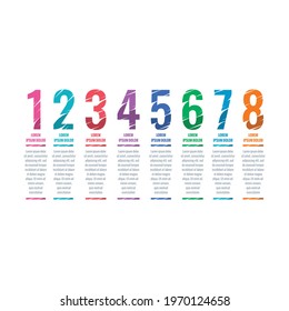 cut numbers infographic template. eight options infographic template. web, internet, magazine, annual report information template